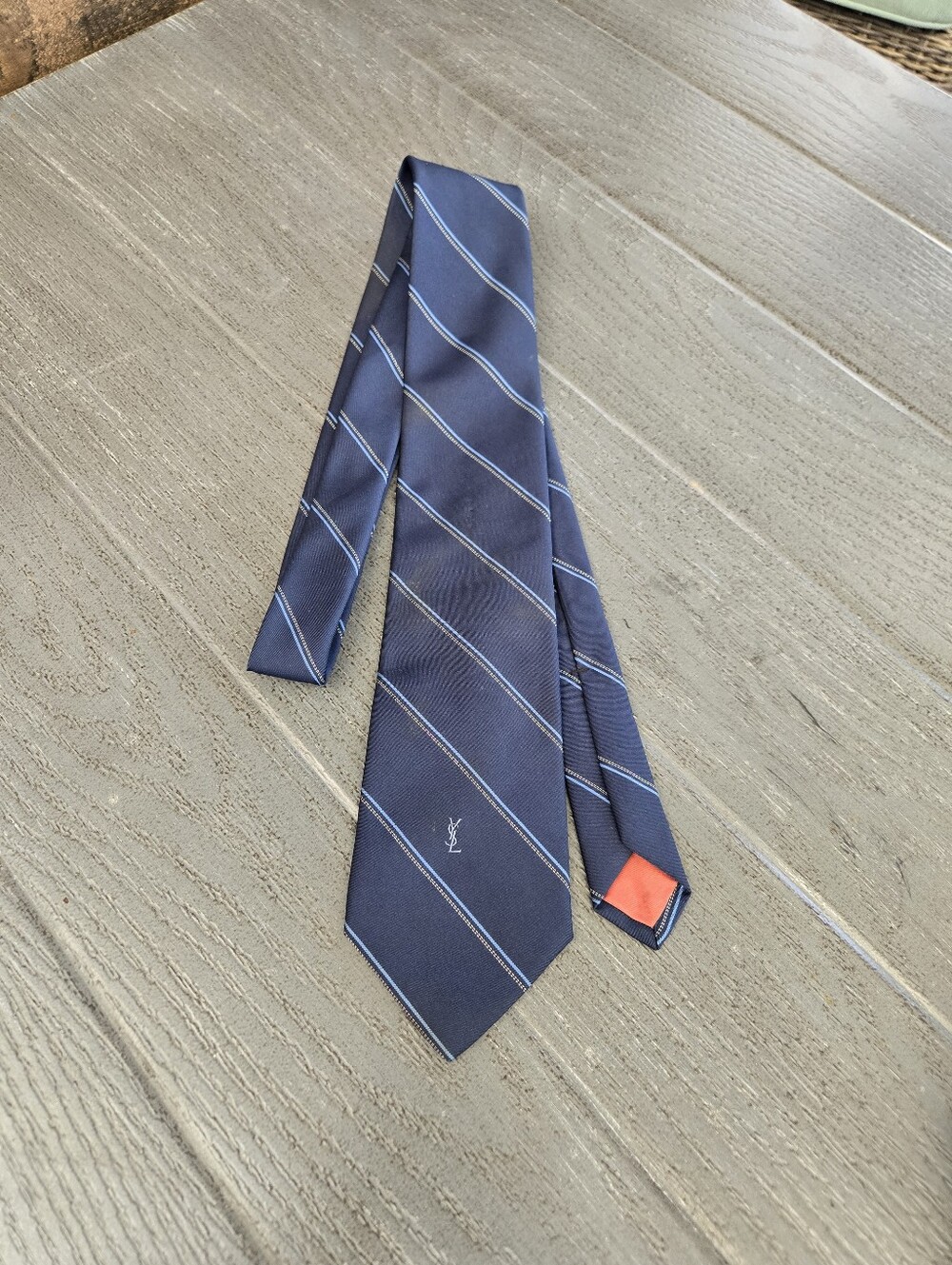 Vintage YSL Yves Saint Laurent Men’s Neck Tie Navy Blue Stripes Striped